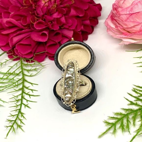 VINTAGE⚜️STERLING SILVER Filigree Abalone Ring - Picture 1 of 10